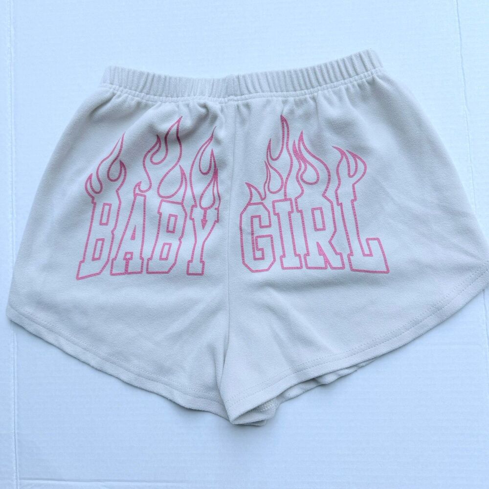 BABY GIRL Womens Small French Terry Beige Pink Casual Pajama Sweat Shorts Sexy